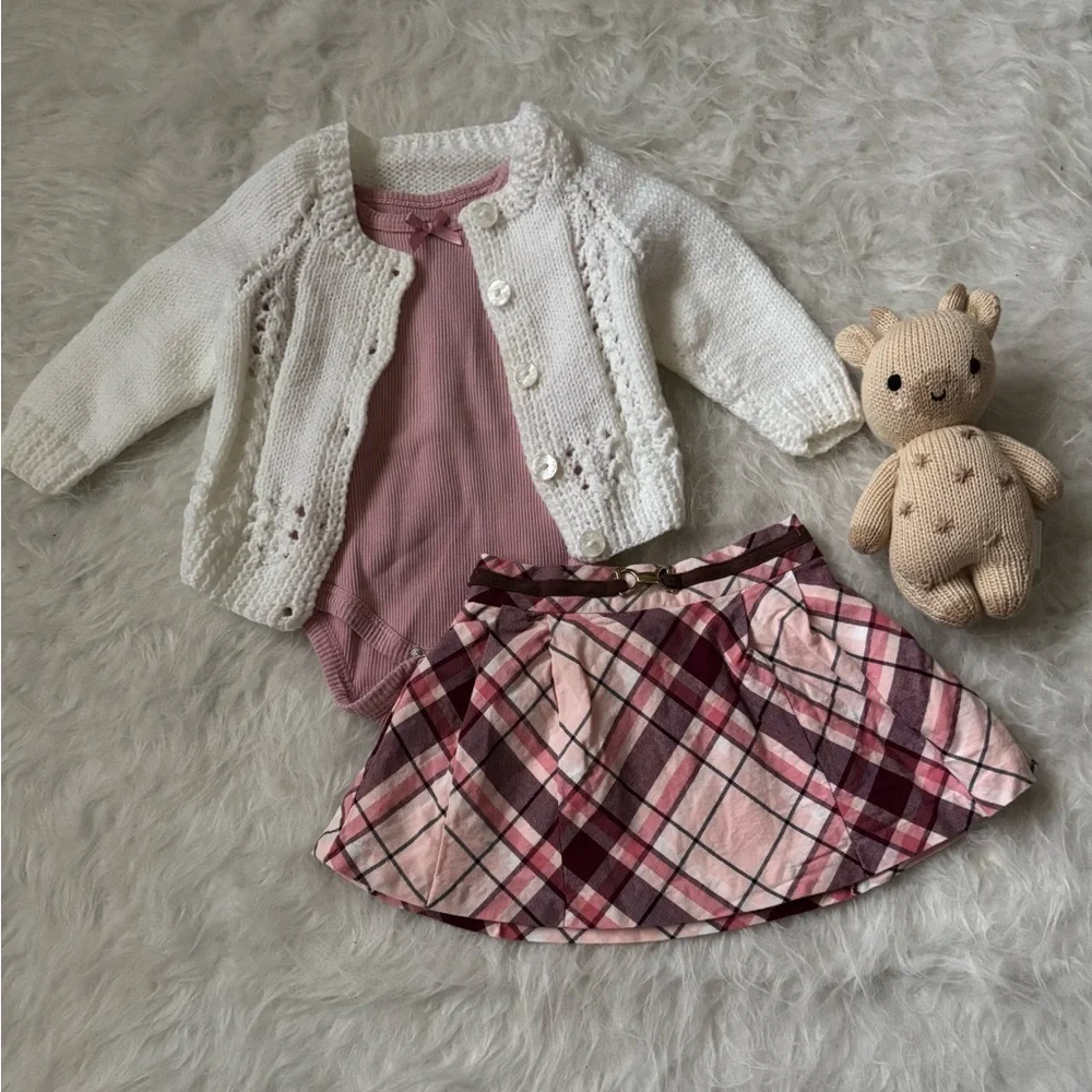 Janie and Jack Pink Plaid Skirt Hand Knit Sweater Outfit